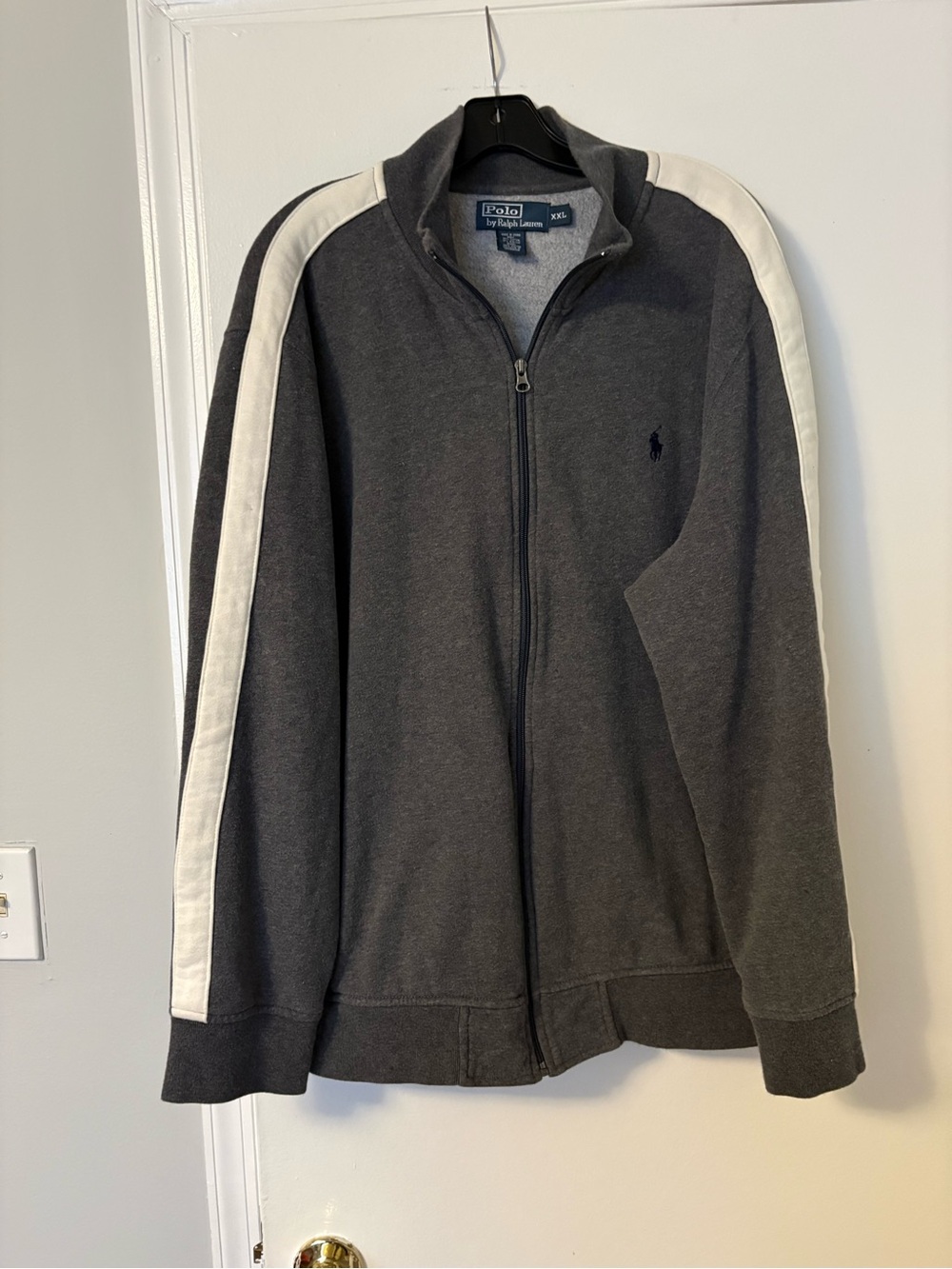 Ralph Lauren Charcoal Zip-Up Sweater with White Shoulder Stripes